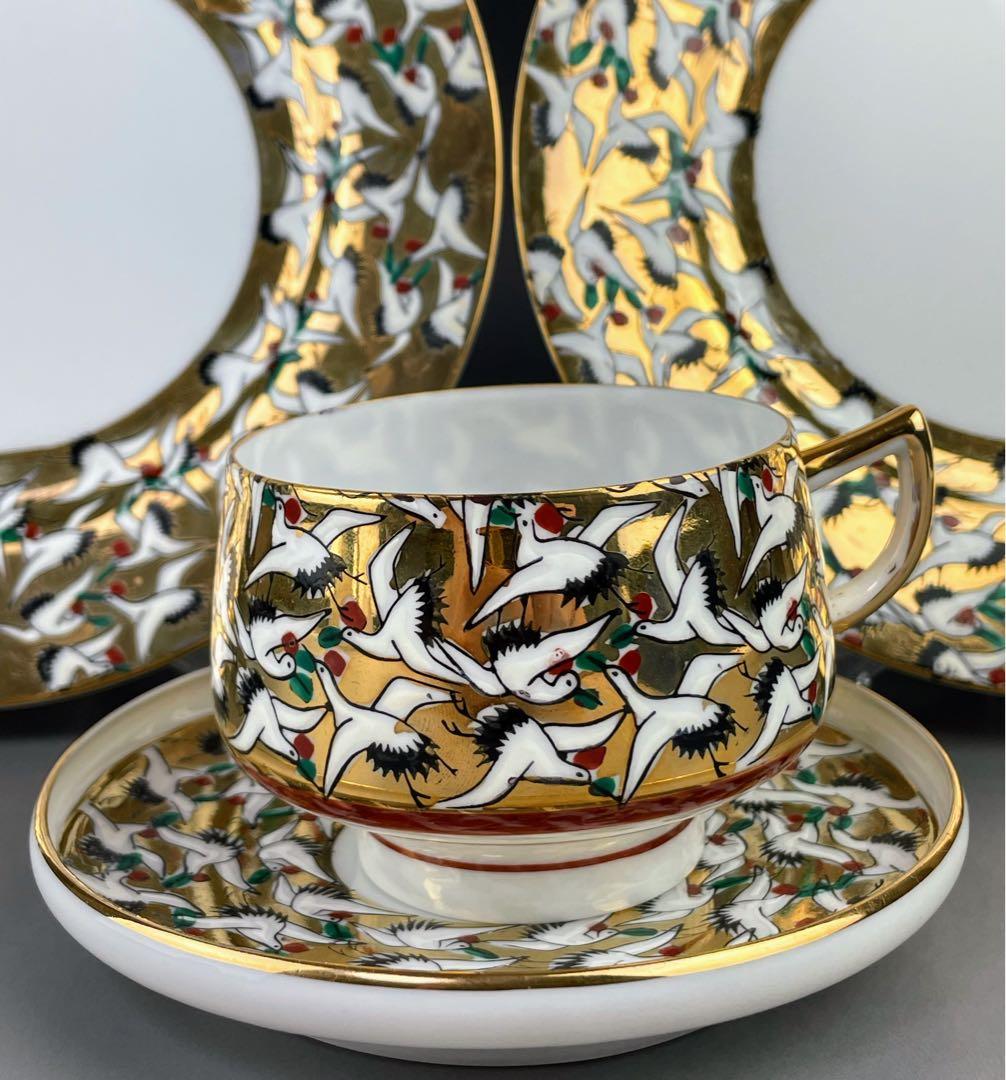 【希少】九谷焼 1000クレーン 鶴 カップ ソーサー 2プレート セット