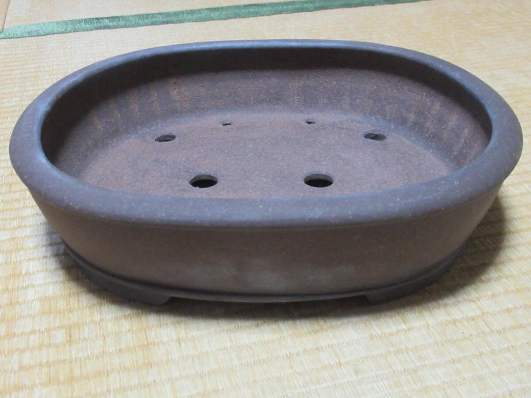 未使用’75年◆備前焼窯元『陶峰造』(木村陶峰) 楕円 中浅 切足 内縁 盆栽鉢