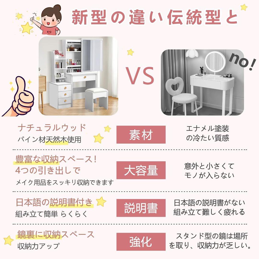 ドレッサー 鏡台 3段引き出し 化粧台 スライド式ミラー スツール付き ホワイト