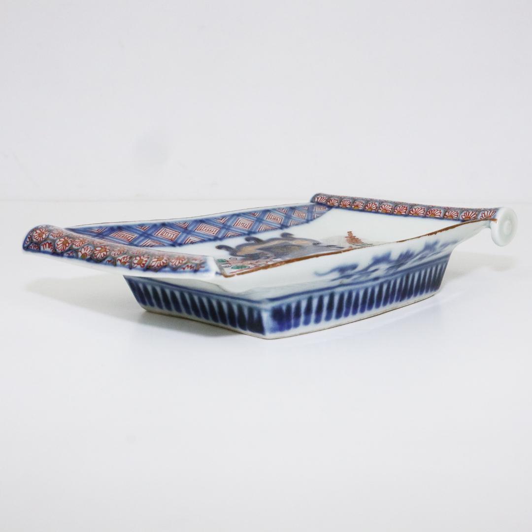 大聖寺伊万里 金襴手 生け花図 巻物形変形皿　5客　アンティーク