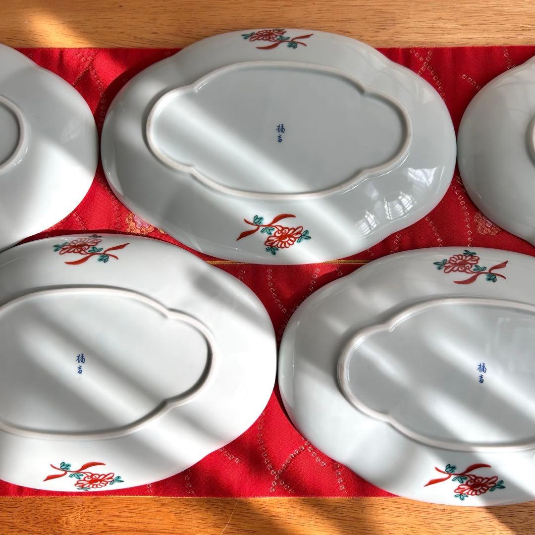 【未使用品】たち吉　橘吉　赤絵花鳥金彩丸紋　楕円皿5枚セット　希少　廃盤品