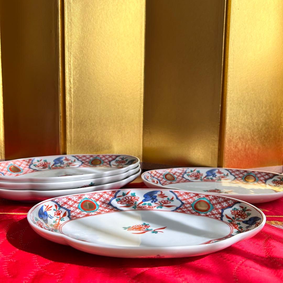 【未使用品】たち吉　橘吉　赤絵花鳥金彩丸紋　楕円皿5枚セット　希少　廃盤品