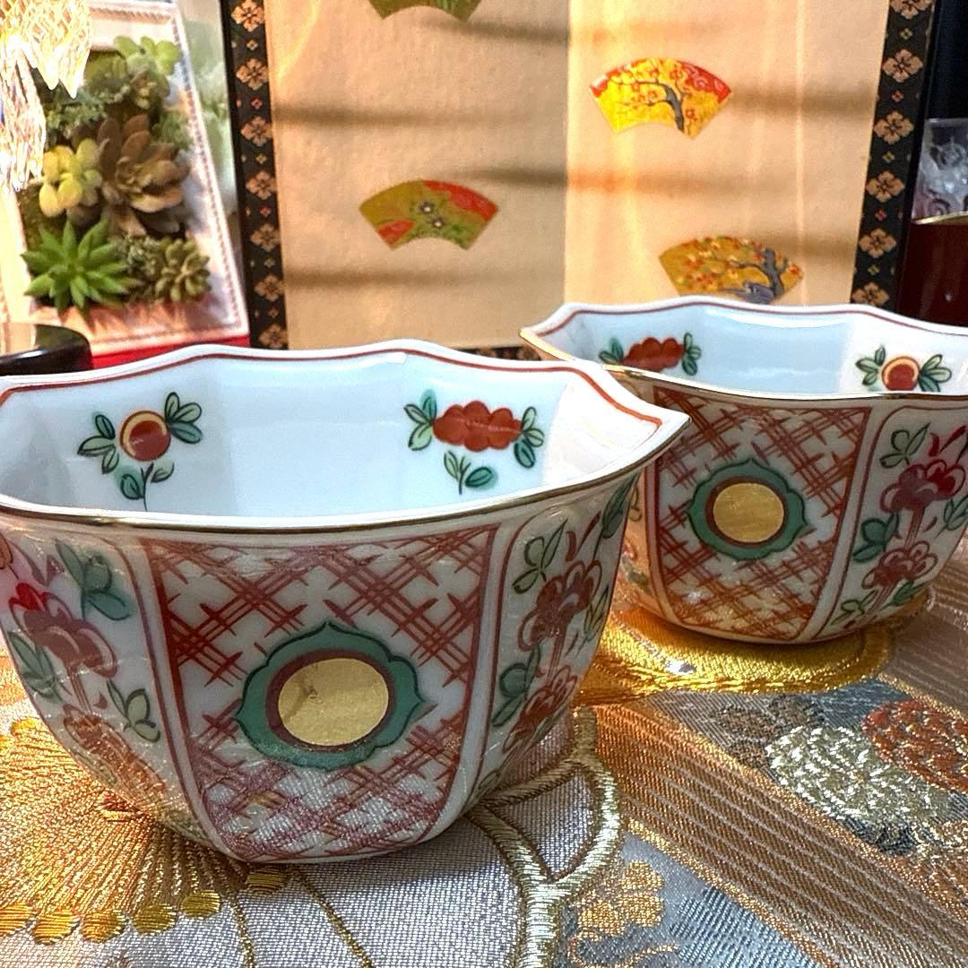 たち吉赤絵　角皿　金彩八角小鉢　古伊万里醍醐窯蓋付き　No.4-1