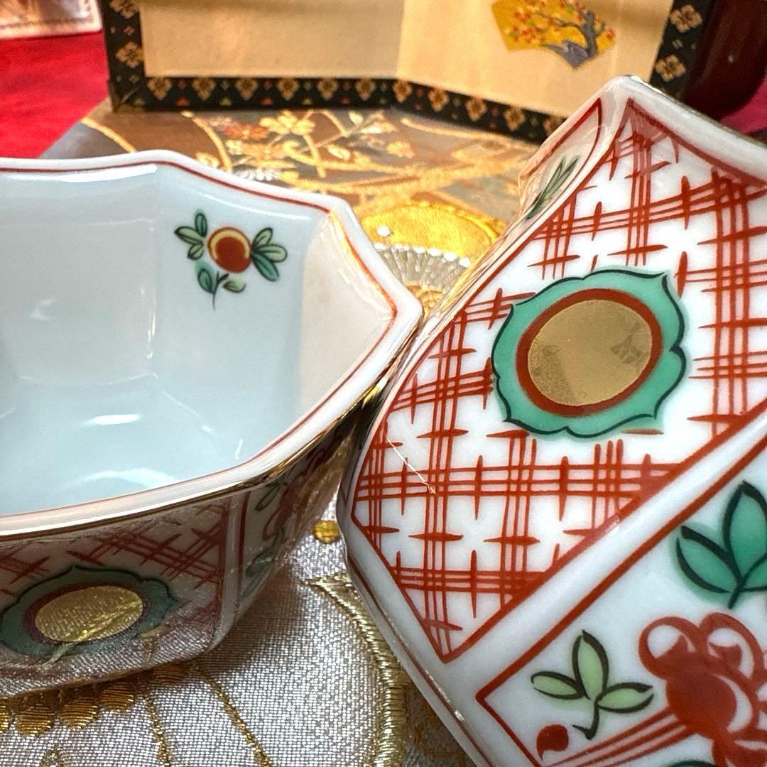 たち吉赤絵　角皿　金彩八角小鉢　古伊万里醍醐窯蓋付き　No.4-1