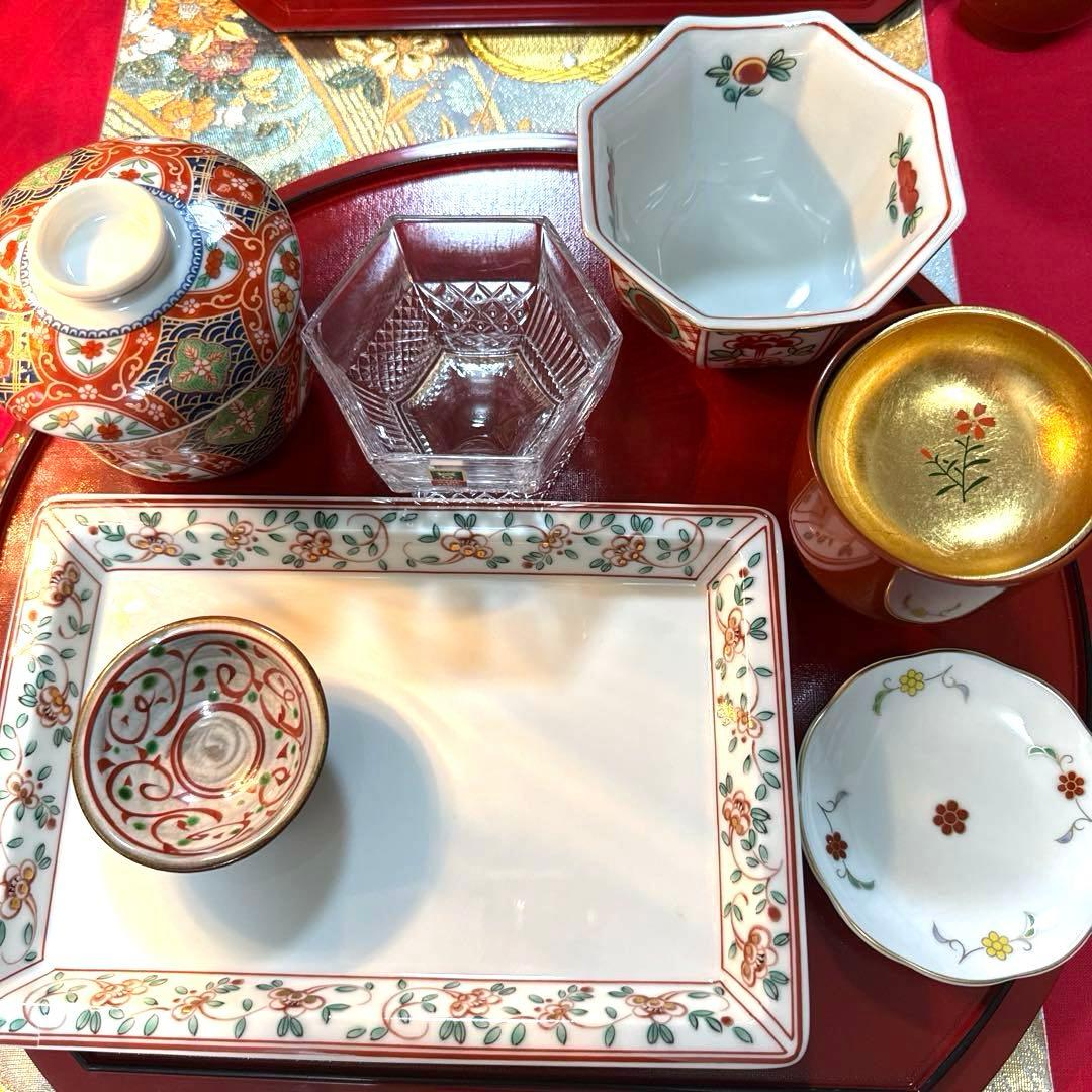 たち吉赤絵　角皿　金彩八角小鉢　古伊万里醍醐窯蓋付き　No.4-1