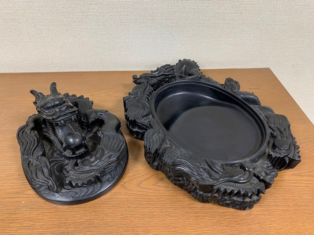 藍浦白雲石特製　硯石　龍　置物　すずり