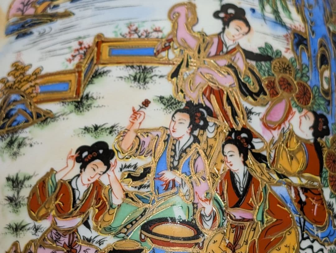 古美術　飾り壺　花瓶　花詰　山水　人物絵