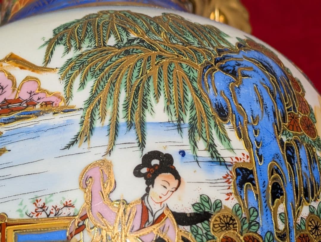 古美術　飾り壺　花瓶　花詰　山水　人物絵