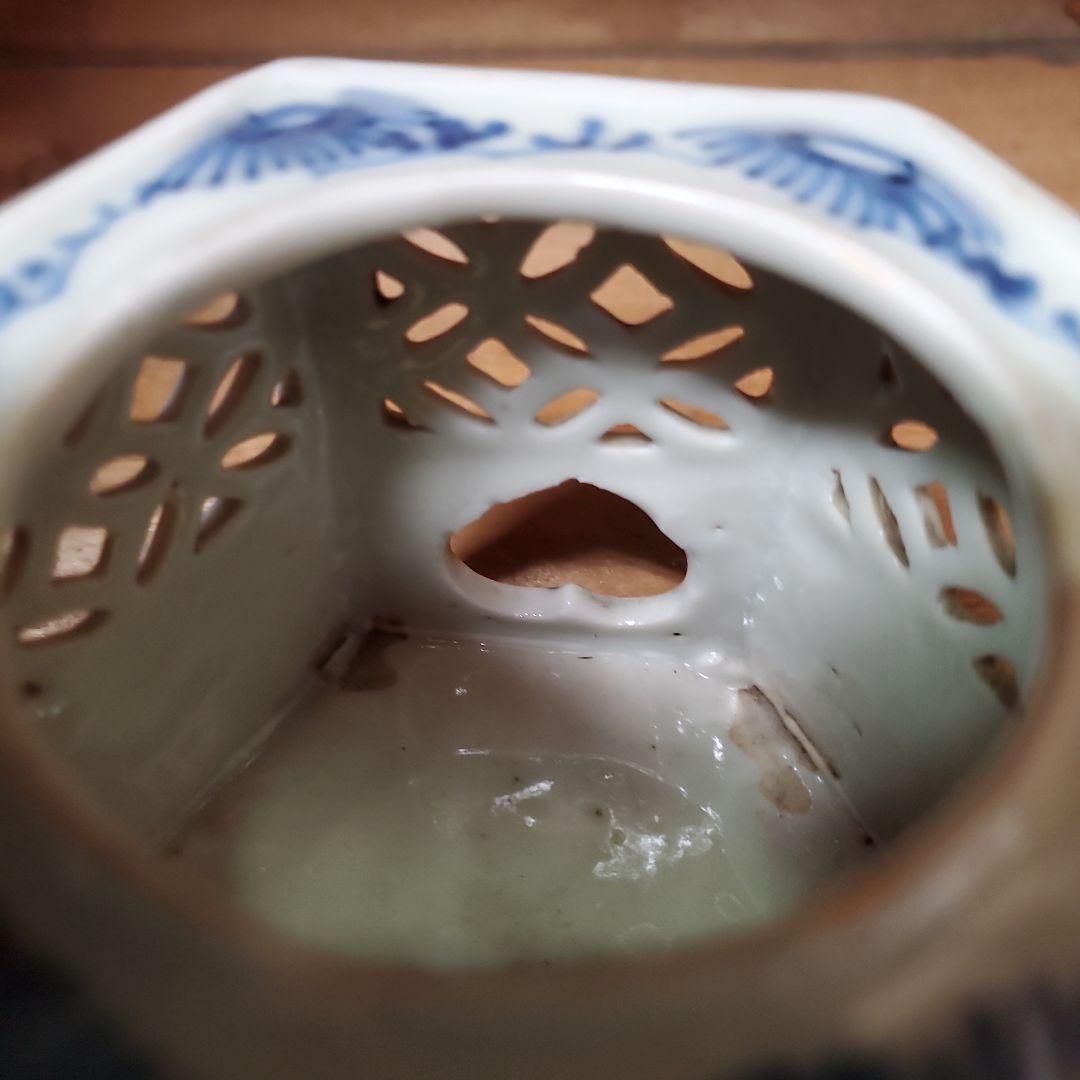 盃台　六角盃台　染め付け透かし