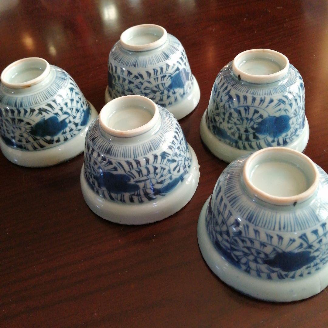 伊万里　染付唐草車輪縁向付　5客　8cm　幕末〜明治期