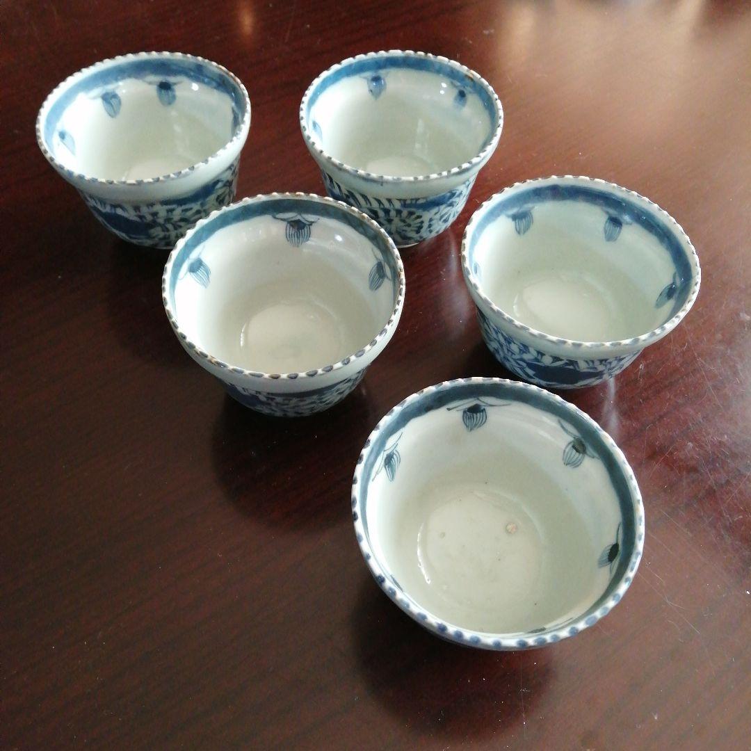 伊万里　染付唐草車輪縁向付　5客　8cm　幕末〜明治期