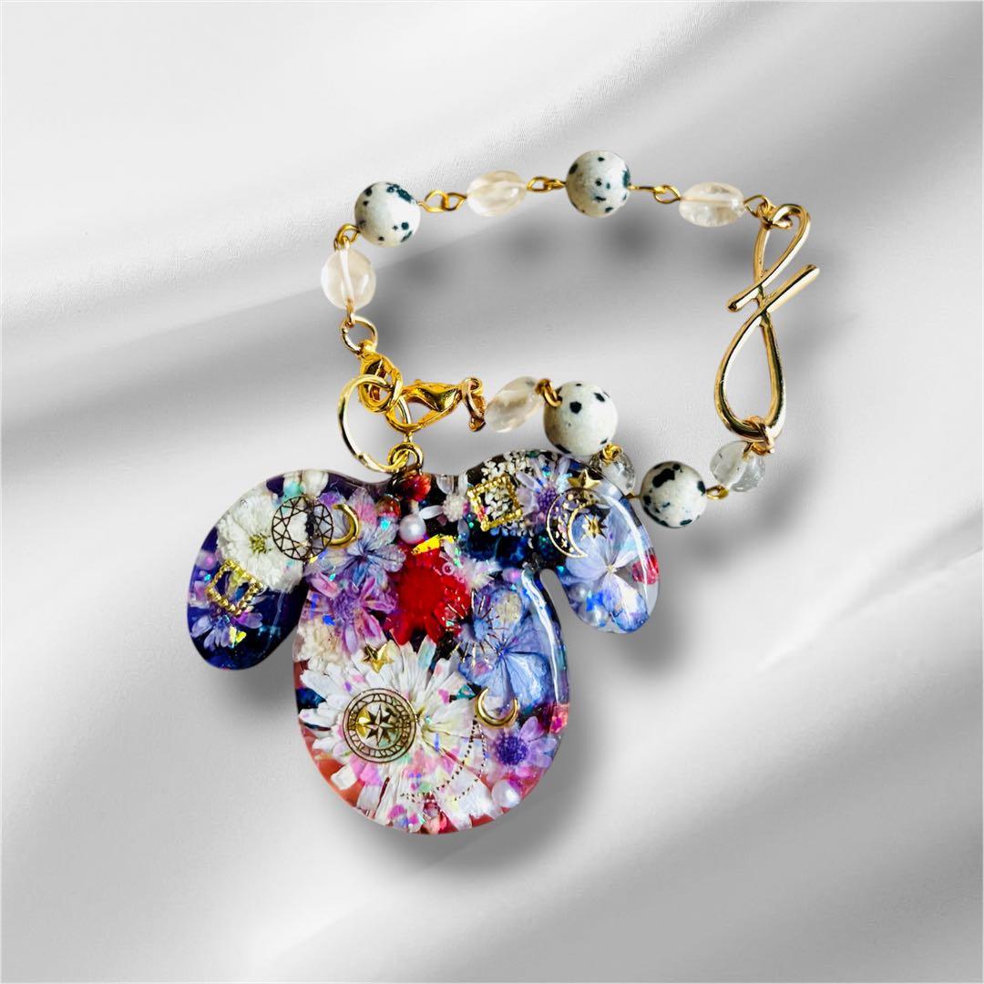 No.3116♡SALEドライフラワーレジンバッグチャーム天然石ビーズチャーム