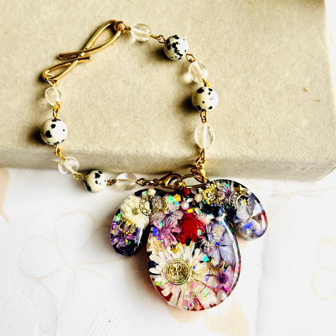 No.3116♡SALEドライフラワーレジンバッグチャーム天然石ビーズチャーム