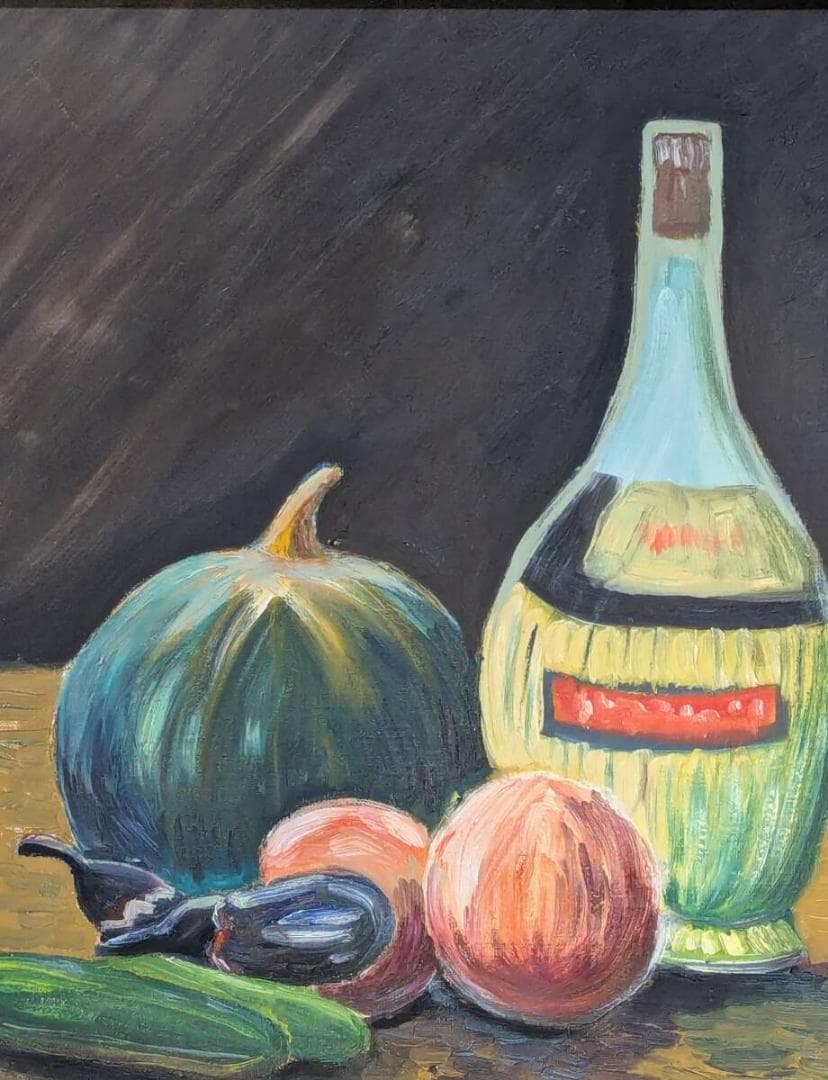 【真作】絵画　油彩6号　静物画　果物とワイン瓶　インテリアアート　Y143