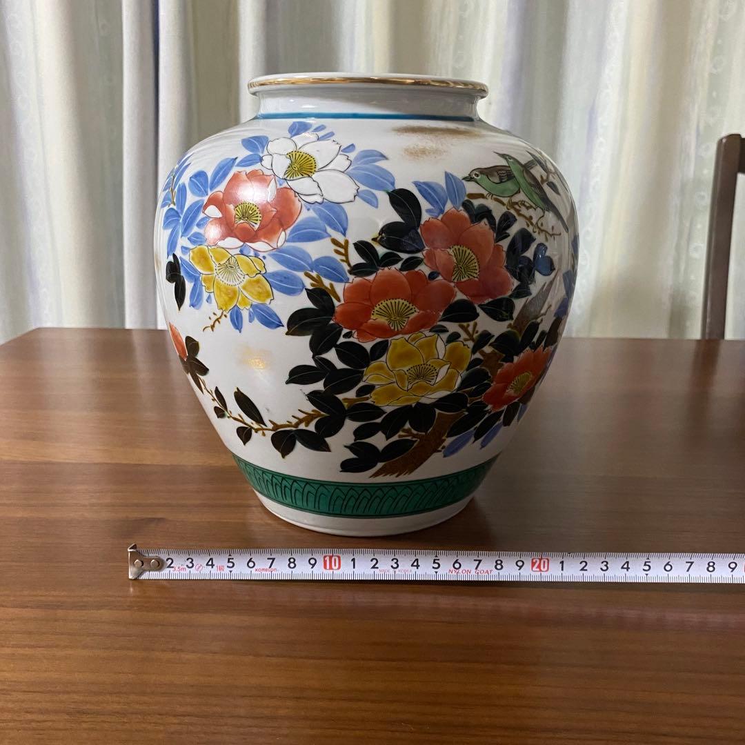 レトロ 九谷焼 穂光 壺 花瓶 花器 椿 目白 ツバキ メジロ
