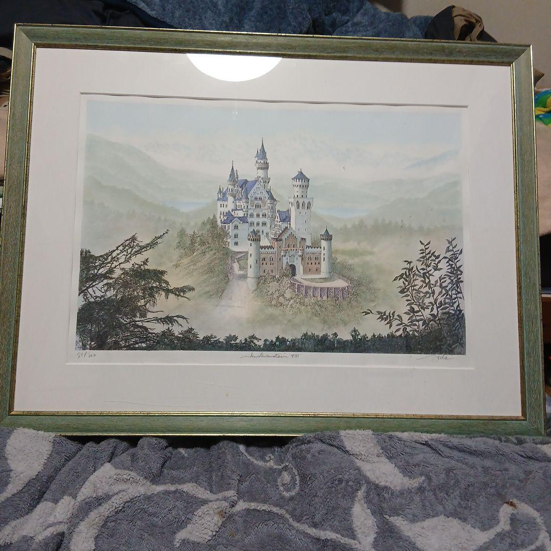 水彩画 城の風景 緑のフレーム 額含む　縦73cm、横97cm