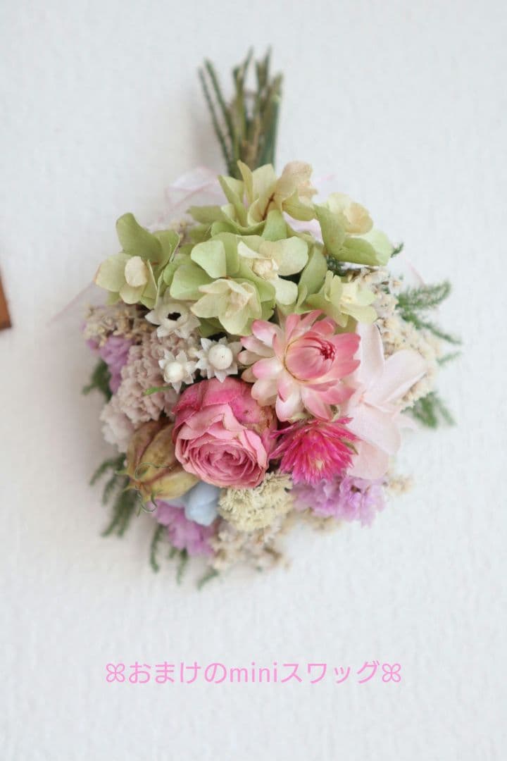 ドライフラワーꕤ︎︎バラ・カシワバアジサイ・お花いっぱい縦長ガーランドꕤ︎︎