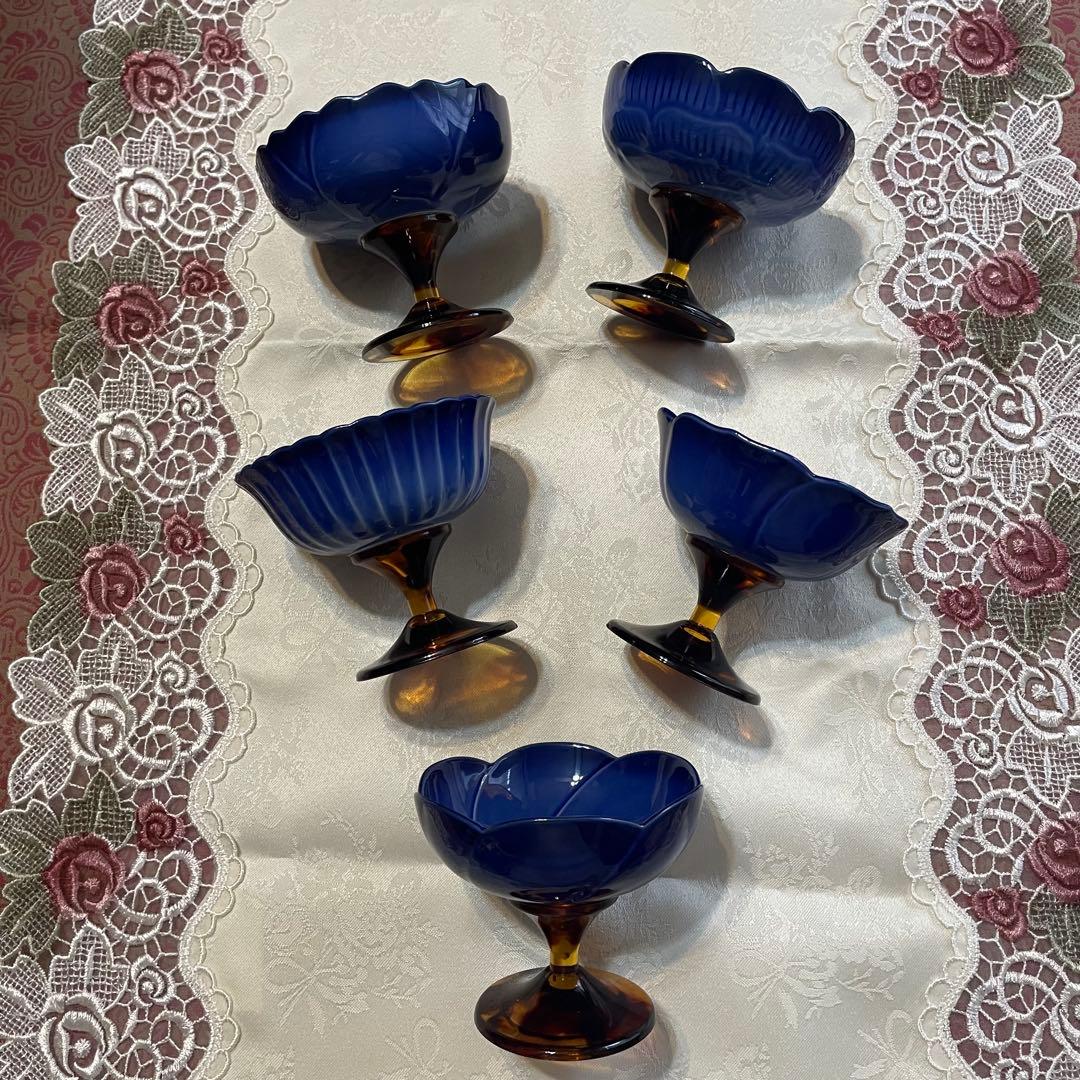 未使用　有田焼　コバルト　高台珍味揃　　5客組　　べっ甲風　デザートカップ