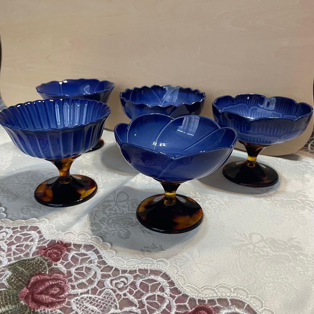 未使用　有田焼　コバルト　高台珍味揃　　5客組　　べっ甲風　デザートカップ