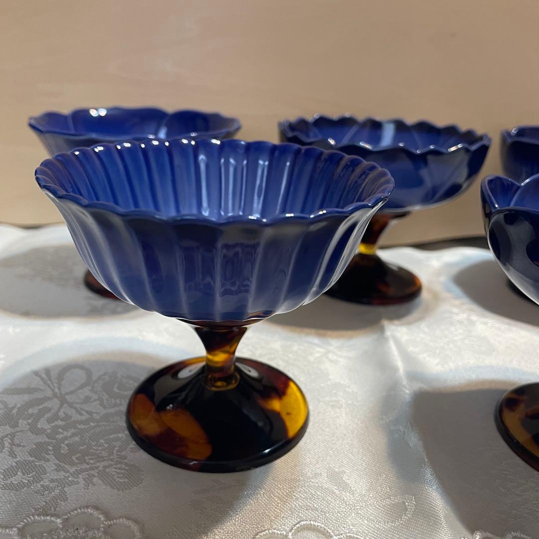 未使用　有田焼　コバルト　高台珍味揃　　5客組　　べっ甲風　デザートカップ