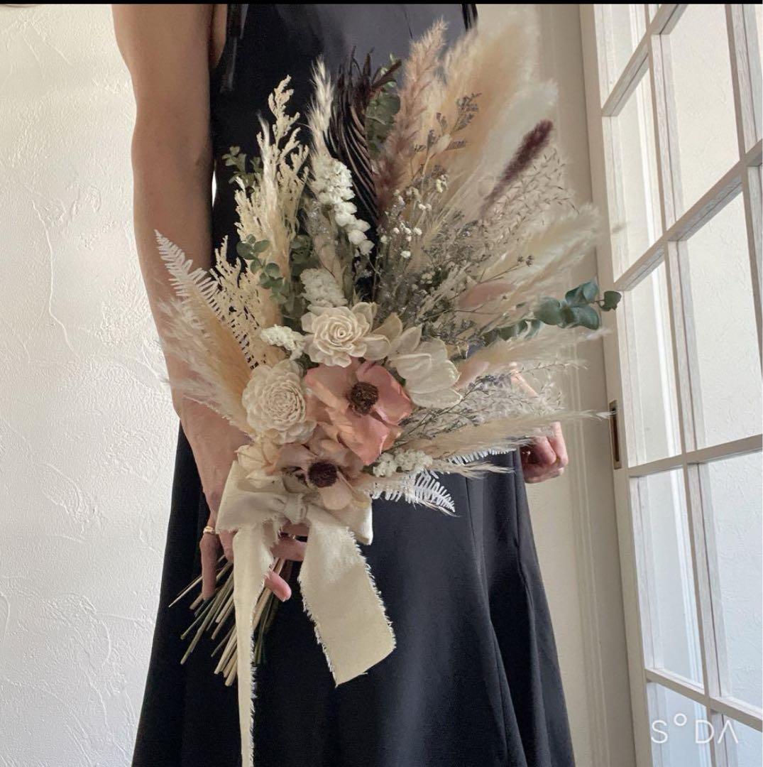 ドライフラワーブライダルブーケ　パームフラワー　　さくらピンク　クラシカル