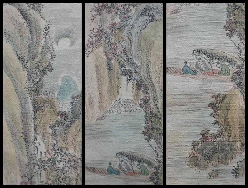 茶室飾り 壁掛『山水風景人物画』肉筆 絹本 木製額入 茶道具★時代物★