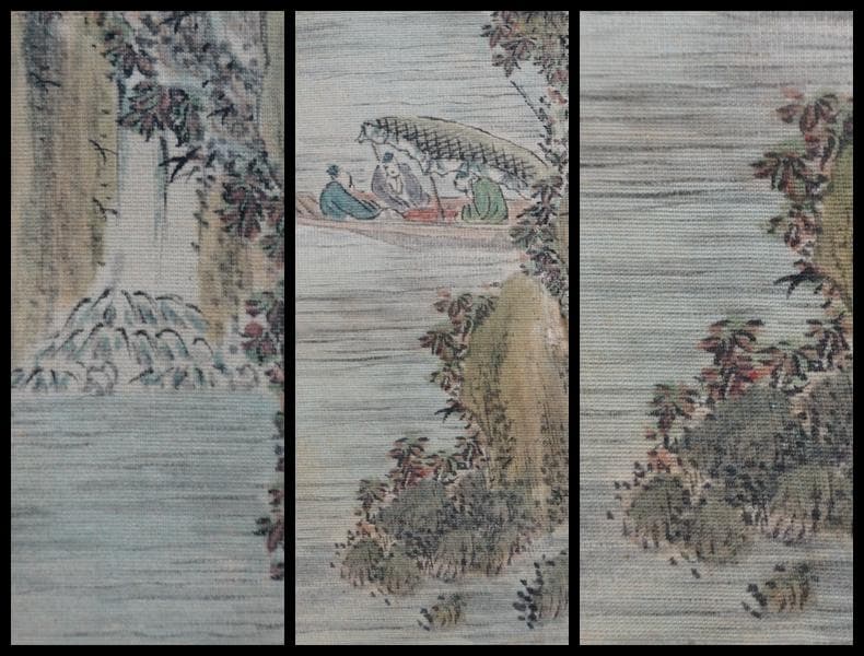 茶室飾り 壁掛『山水風景人物画』肉筆 絹本 木製額入 茶道具★時代物★