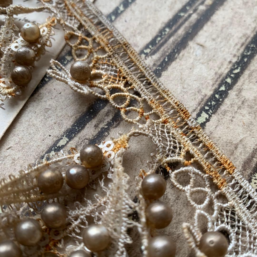 ジャンクジャーナル素材☆錆染☆豪華パール付きリーフケミカルレース50センチ300