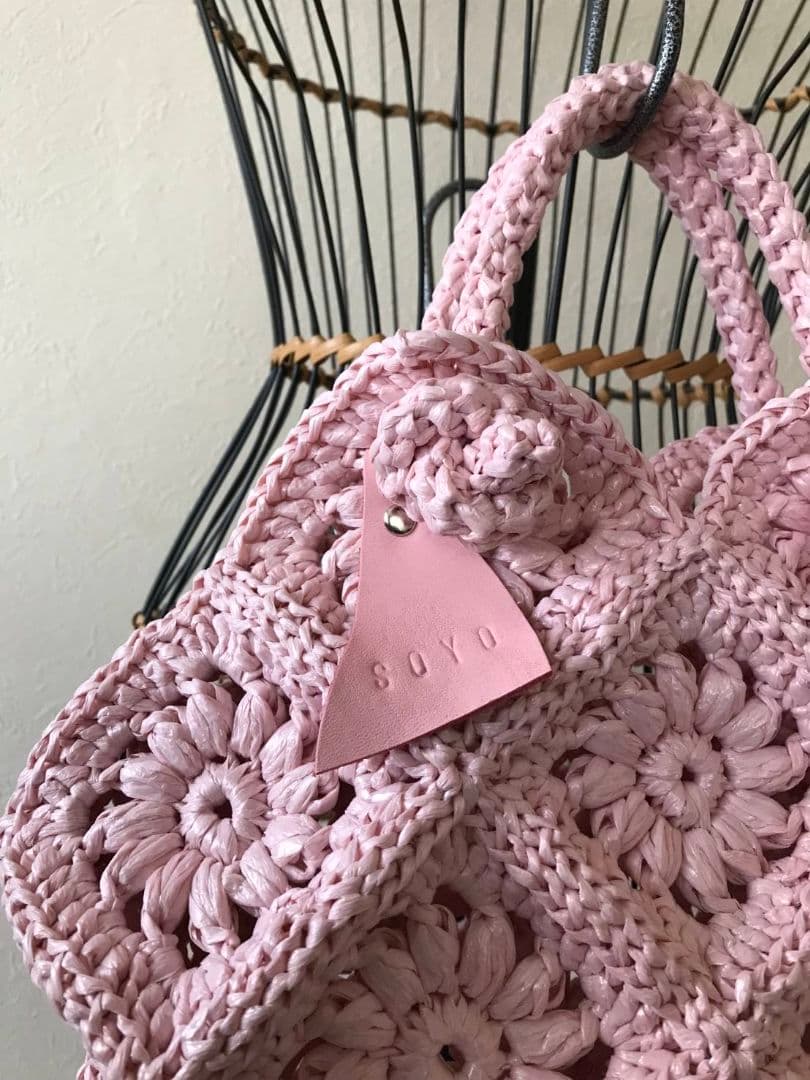 送料無料　そよかぜ　ハンドメイド　モチーフ編　ピンク　さくら　トート　手編み