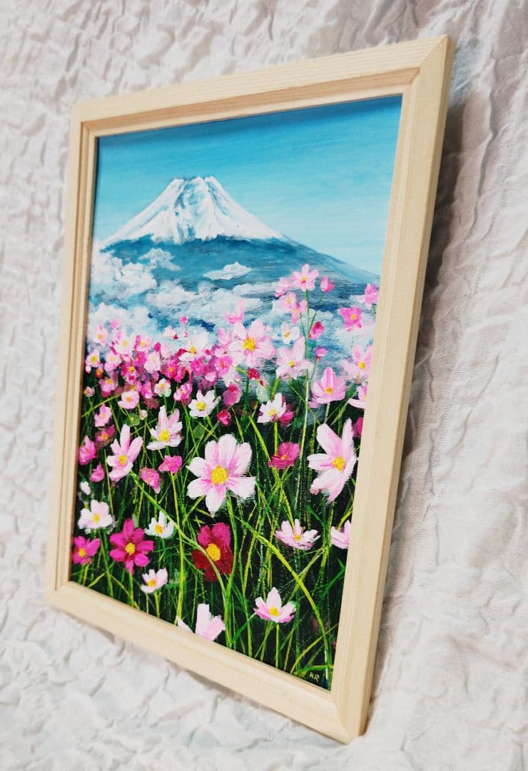 油絵 絵画 【コスモス畑と富士山 】