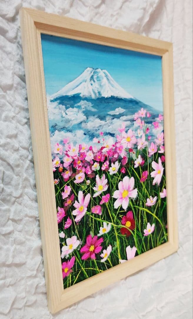 油絵 絵画 【コスモス畑と富士山 】