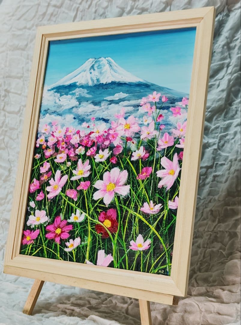 油絵 絵画 【コスモス畑と富士山 】