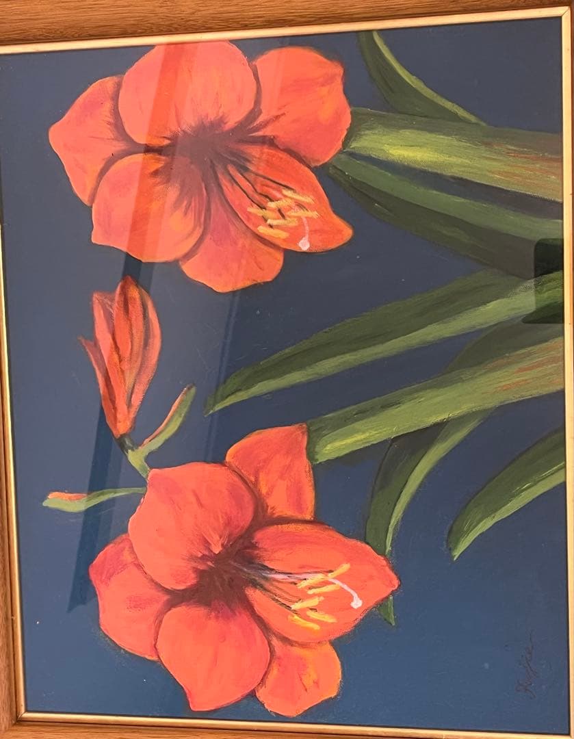アマリリスの油彩画 木製フレーム付き