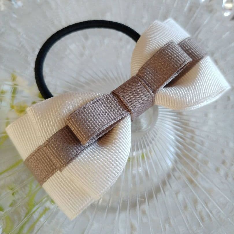 【アイボリー×グレージュ】ラインリボン♡ヘアゴム