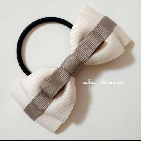 【アイボリー×グレージュ】ラインリボン♡ヘアゴム