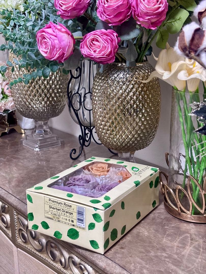 フレッシュルックプレミアムローズ　ラベンダー4輪&シャーベットオレンジ2輪