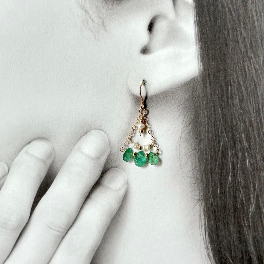 14kgfシャンデリアピアス◼︎宝石質エメラルド×淡水パール
