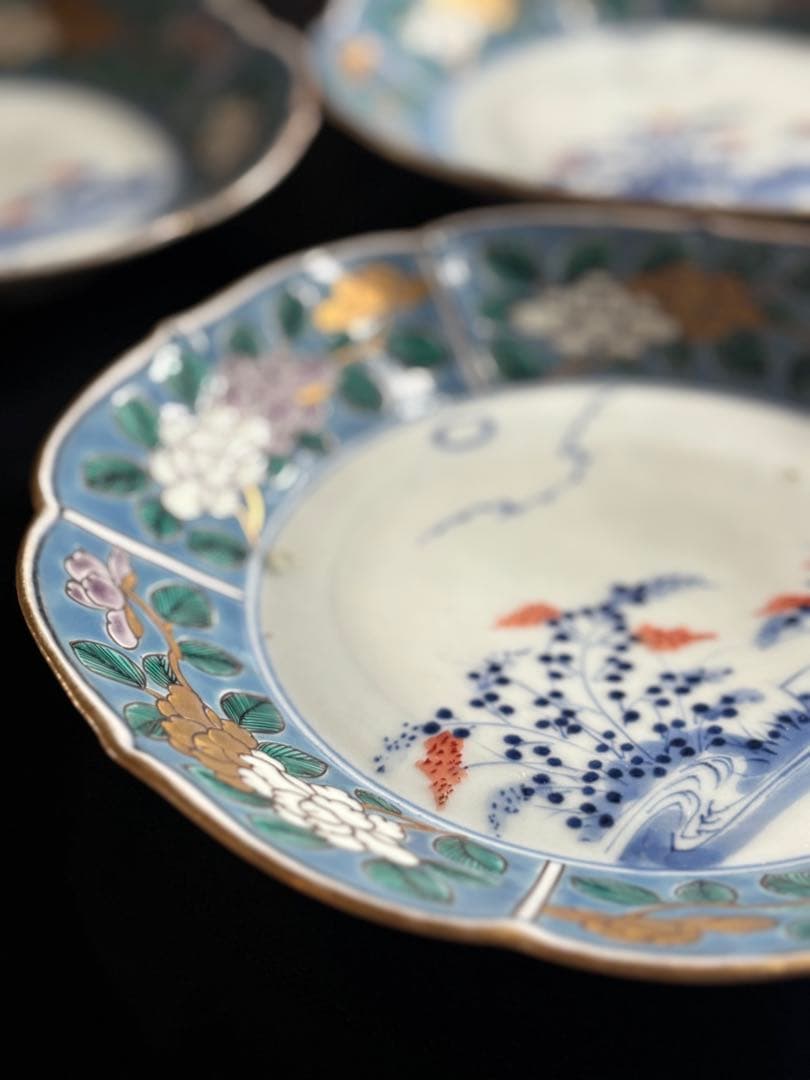 アンティークプレート　古伊万里　色絵付け　時代物 青と白の花柄皿5枚セット