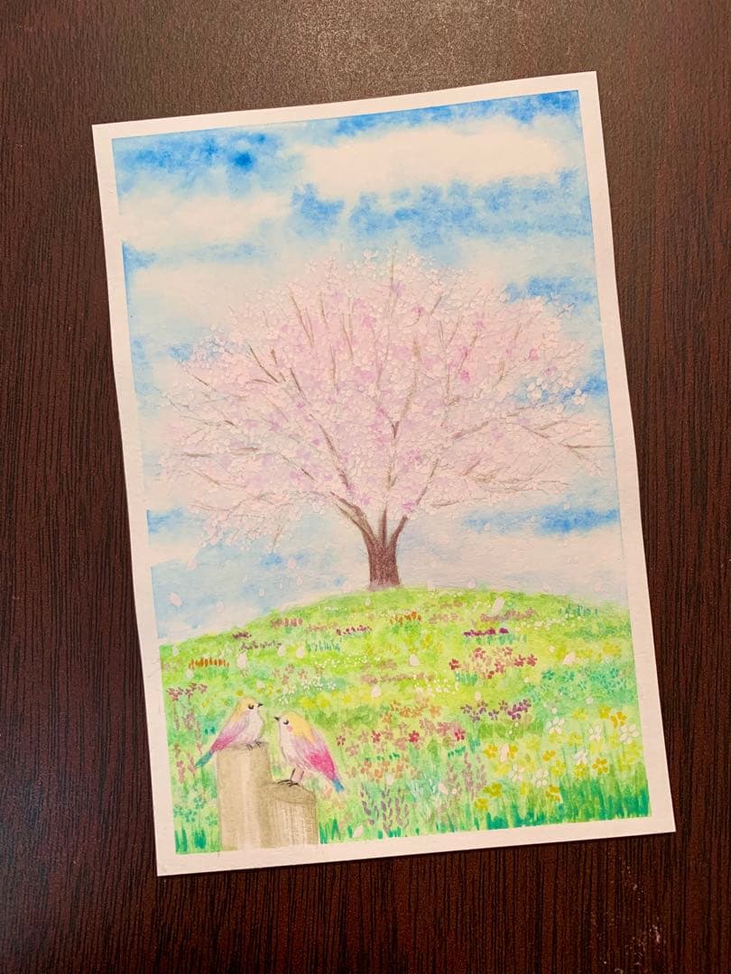 水彩画　満開の桜と丘　値段は※900円です
