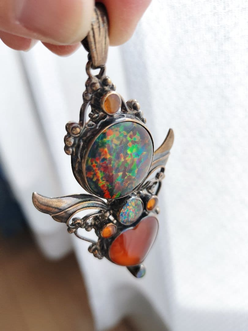 シャンカリ シルバー925 カーネリアンハート型ファイアーオパールペンダント琥珀