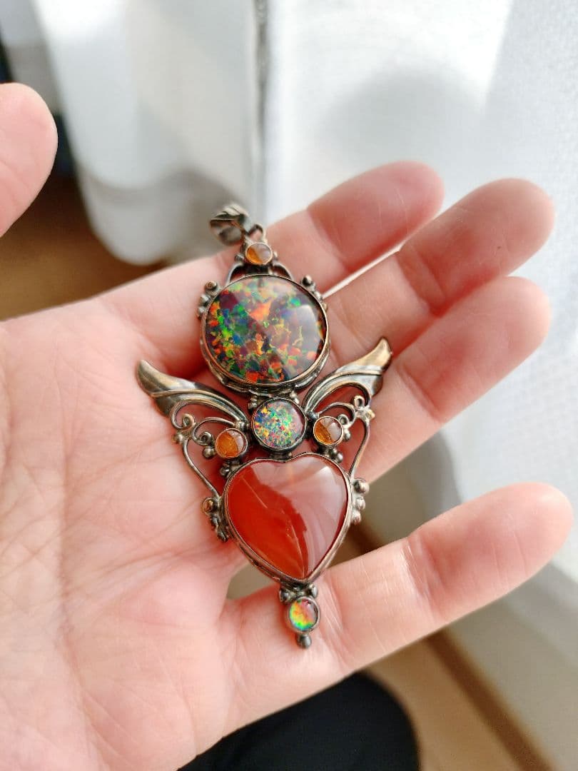 シャンカリ シルバー925 カーネリアンハート型ファイアーオパールペンダント琥珀