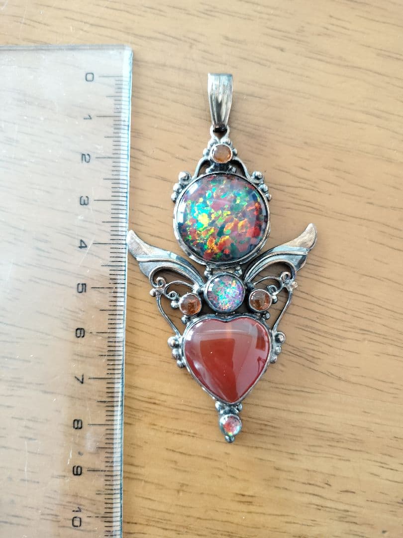 シャンカリ シルバー925 カーネリアンハート型ファイアーオパールペンダント琥珀