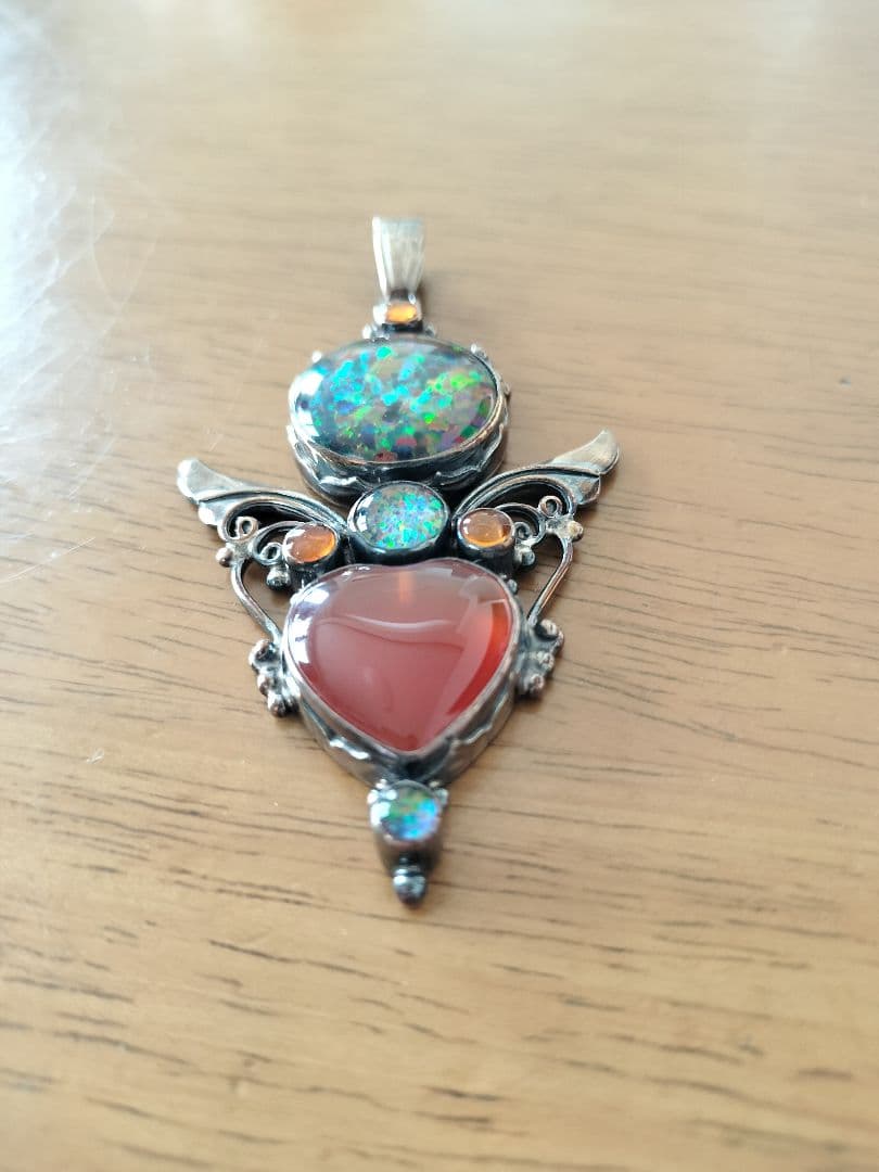 シャンカリ シルバー925 カーネリアンハート型ファイアーオパールペンダント琥珀
