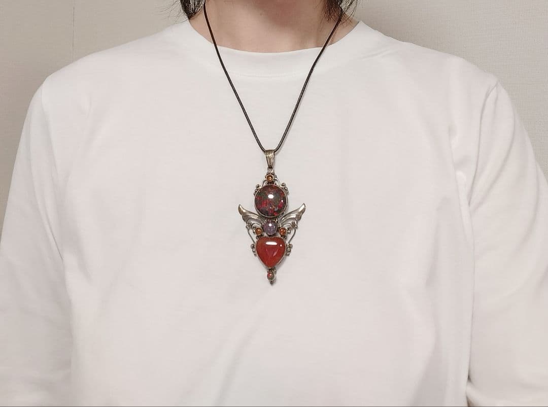 シャンカリ シルバー925 カーネリアンハート型ファイアーオパールペンダント琥珀