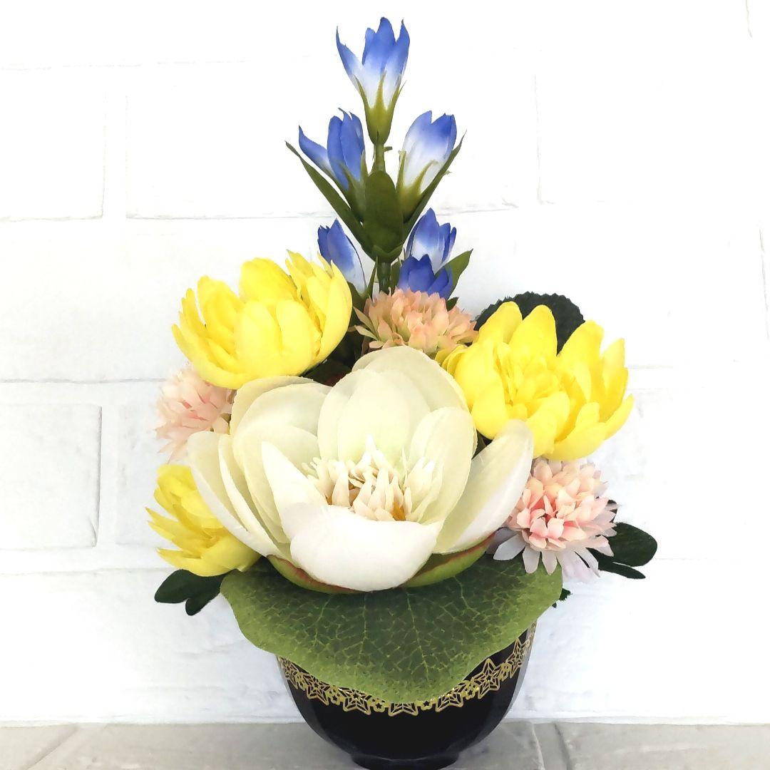 ♕* 大きな蓮の 大きめ仏花 ♤* ペットお供えにも♪ 造花   花器付き ♧*