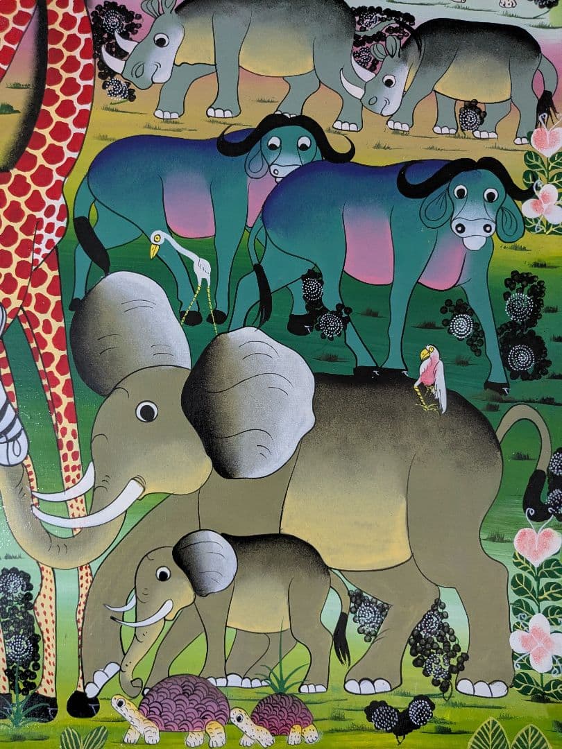 ●アフリカの絵画、ティンガティンガ、サバンナの動物達②、80×100cm