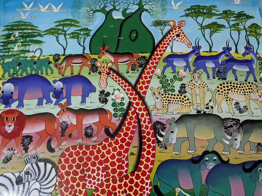 ●アフリカの絵画、ティンガティンガ、サバンナの動物達②、80×100cm