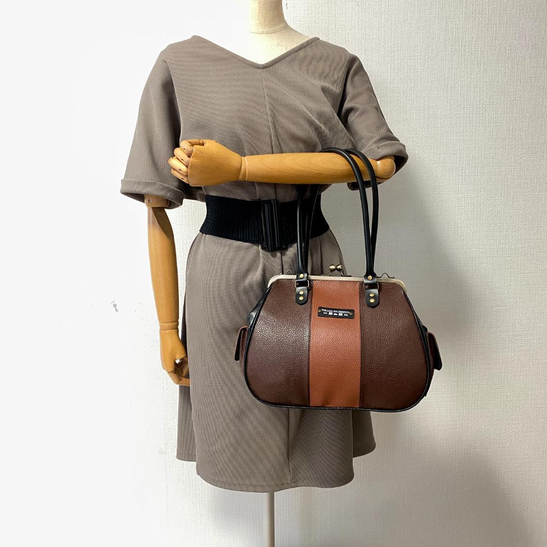 レトロな がま口バッグ と スマホショルダー 2点セット 合皮 茶色系