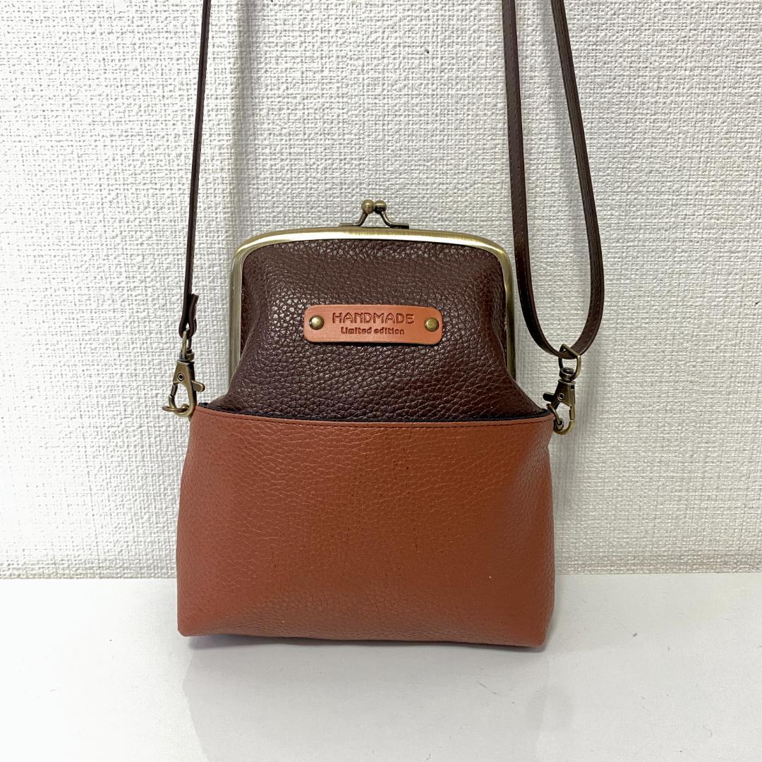 レトロな がま口バッグ と スマホショルダー 2点セット 合皮 茶色系