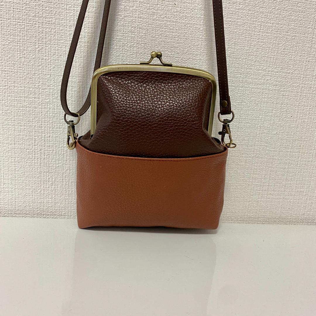 レトロな がま口バッグ と スマホショルダー 2点セット 合皮 茶色系